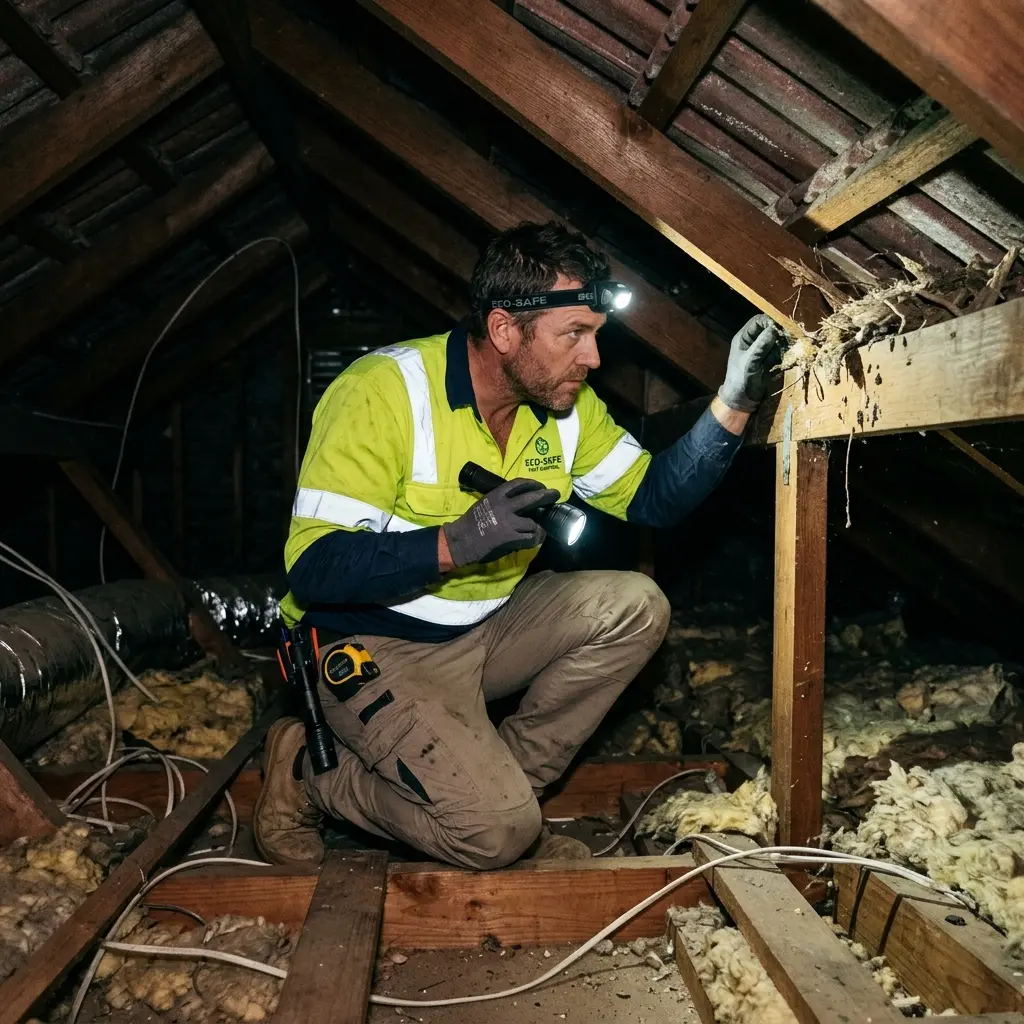 Technician inspecting a roof cavity for a dead animal in Moonee Vale